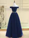 solvbao Navy Blue Tulle Beaded Prom Gowns, Tulle Party Dresses, Elegant Formal Dresses