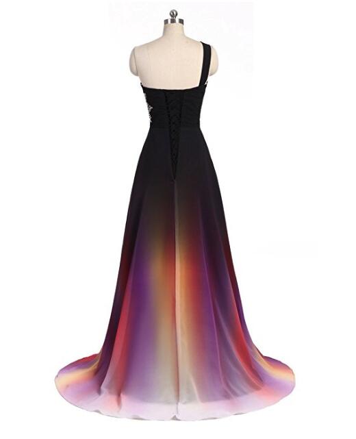 Solvbao One Shoulder Beaded Gradient Chiffon Long Party Dress, Gradient Formal Gowns