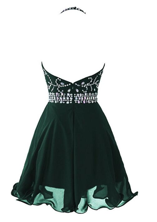 Solvbao Dark Green Beaded Short Homecoming Dress , Beaded Party Dress, Halter Short Prom Dress