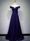 solvbao Blue Elegant Off Shoulder A-line Long Formal Gowns, Prom Gowns, Navy Blue Evening Dress