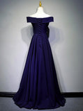 solvbao Blue Elegant Off Shoulder A-line Long Formal Gowns, Prom Gowns, Navy Blue Evening Dress