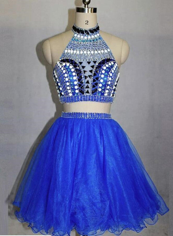 solvbao Two Piece Stylish Blue Party Dresses, Beaded Party Dress , Homecoming Dresses