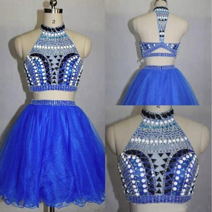 solvbao Two Piece Stylish Blue Party Dresses, Beaded Party Dress , Homecoming Dresses