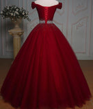 solvbao Dark Red Tulle Gorgeous Ball Gown, Burgundy Off Shoulder with Beaded Waist, Pretty Formal Dress