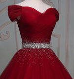 solvbao Dark Red Tulle Gorgeous Ball Gown, Burgundy Off Shoulder with Beaded Waist, Pretty Formal Dress