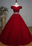 solvbao Dark Red Tulle Gorgeous Ball Gown, Burgundy Off Shoulder with Beaded Waist, Pretty Formal Dress