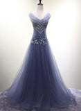 solvbao Beautiful Dark Blue Beaded V-neckline New Style Prom Dress , Long Formal Gowns, Prom Dresses