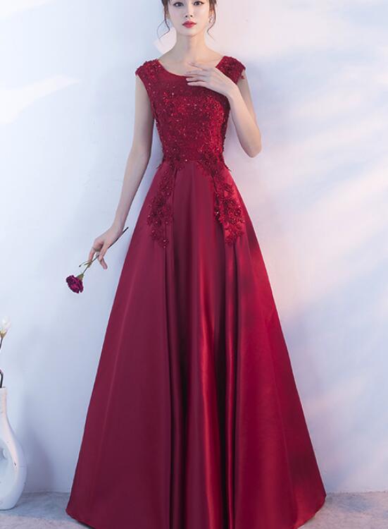 solvbao Pretty Wine Red Satin A-line Floor Length Prom Dress , Round Neckline Formal Gowns