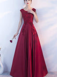 solvbao Pretty Wine Red Satin A-line Floor Length Prom Dress , Round Neckline Formal Gowns