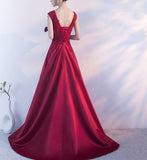 solvbao Pretty Wine Red Satin A-line Floor Length Prom Dress , Round Neckline Formal Gowns