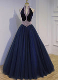 solvbao Navy Blue Tulle Beaded Gorgeous Ball Gown Evening Gowns, Sweet 16 Dresses, Formal Gown