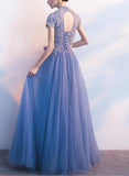 solvbao Light Blue Cap Sleeves Floor Length Party Dress, Blue Formal Gowns, Prom Dress