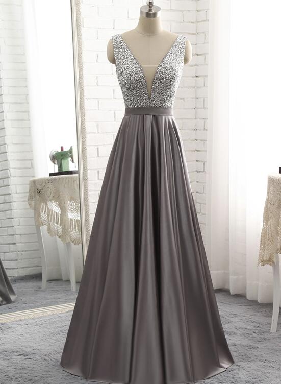 solvbao Grey Satin Long Beaded Junior Prom Dress, Beautiful Prom Gown