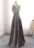 solvbao Grey Satin Long Beaded Junior Prom Dress, Beautiful Prom Gown