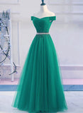 Solvbao Green Tulle Off Shoulder Beaded Elegant Prom Dress , Junior Party Dress