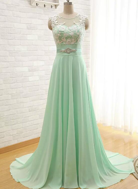 solvbao Mint Green Beautiful Round Neckline A-line Long Prom Dress, Prom Gowns