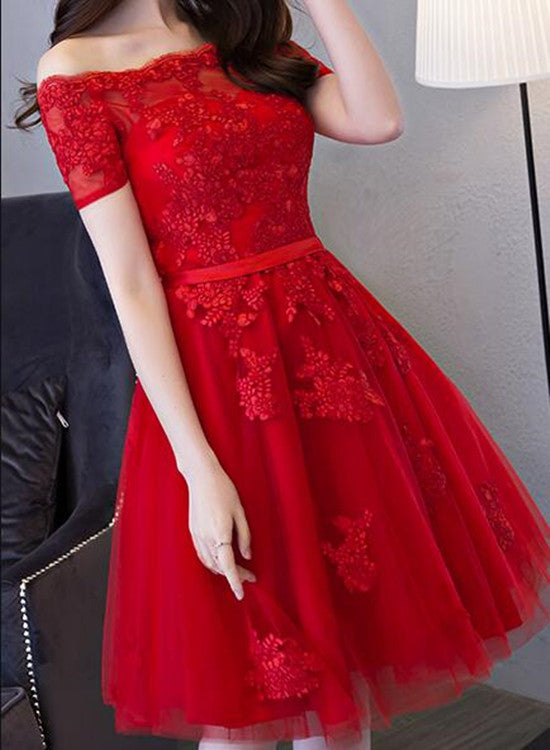 Solvbao Red Short Sleeves Applique and Tulle Prom Dress, Red Formal Dress