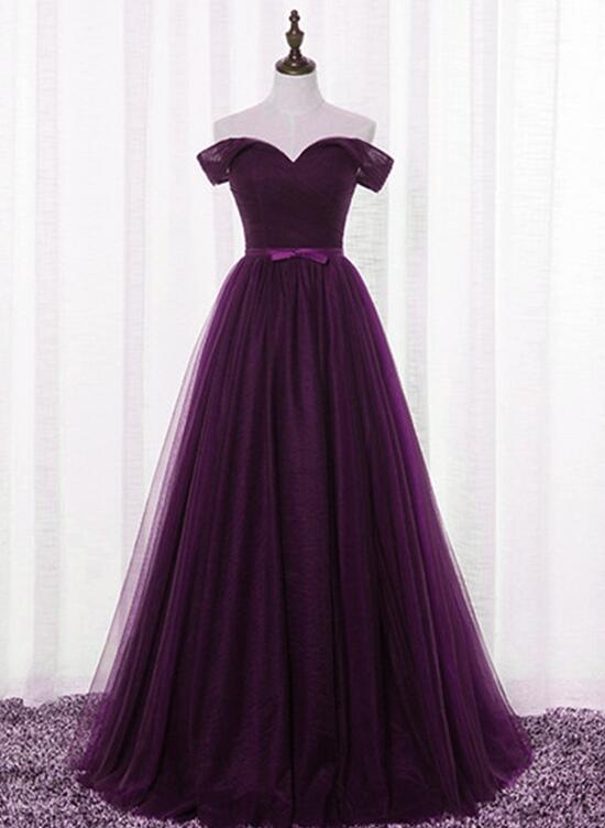 solvbao Dark Purple Tulle Off Shoulder Lace-up Formal Gown, Long Senior Prom Dress