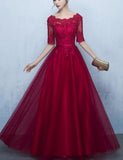 solvbao Wine Red 1/2 Sleeves Lace and Tulle Party Dress, Charming Dark Red Formal Gowns