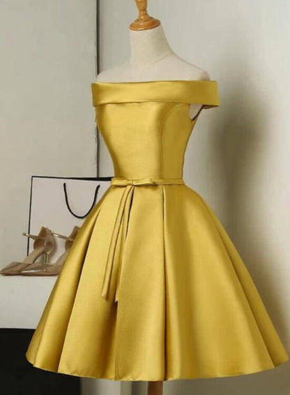 Solvbao Gold Satin Off Shoulder Short Formal Dress , Lovely Formal Dresses