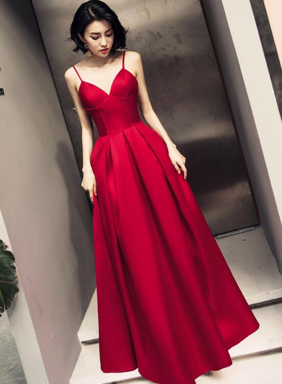 solvbao Dark Red Straps Beautiful Satin Prom Dress , Red Party Gowns