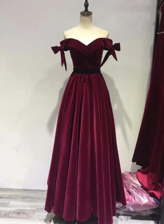 Solvbao Charming Wine Red Off Shoulder Velvet Long Party Dress , Junior Prom Dresses