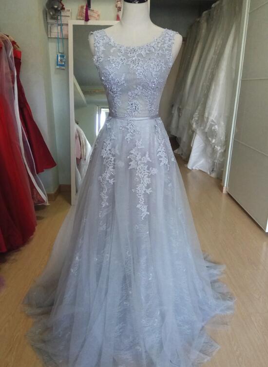 solvbao Charming Grey Tulle Round Neckline Prom Gown , Grey Formal Dress Long