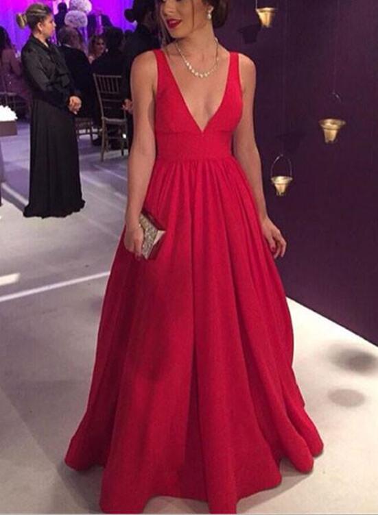 solvbao Red V-neckline Pretty A-line Floor Length Formal Gown, Red Evening Party Dress