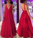 solvbao Red V-neckline Pretty A-line Floor Length Formal Gown, Red Evening Party Dress