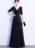 solvbao Black Sequins Floor Length 1/2 Sleeves Wedding Party Dress, Sequins Bridesmaid Dress