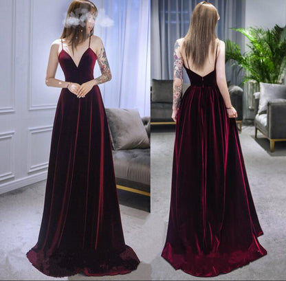 Solvbao Dark Red Straps Velvet Deep V-neckline Party Gown, Beautiful Wedding Party Dress