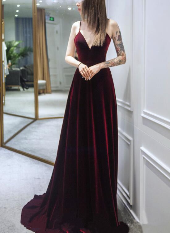 Solvbao Dark Red Straps Velvet Deep V-neckline Party Gown, Beautiful Wedding Party Dress