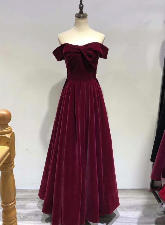 Solvbao Beautiful Wine Red Velvet Off Shoulder New Style Evening Dress, Pretty Party Dress