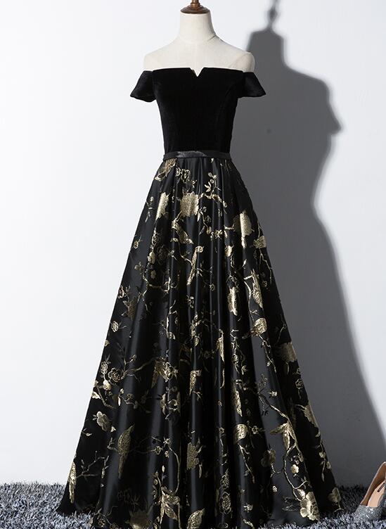 Solvbao Black Off Shoulder Velvet and Floral Long Party Dress, Prom Dress