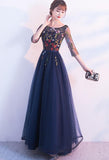 solvbao Beautiful Navy Blue Tulle Party Dress  with Flowers, Elegant Wedding Party Dress