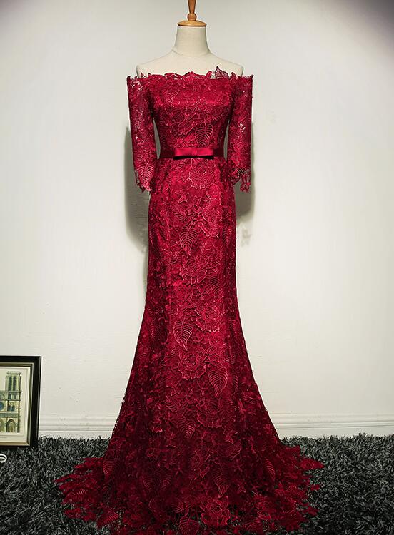 solvbao Wine Red Lace Mermaid Off Shoulder Long Evening Gown, Lace Formal Dress