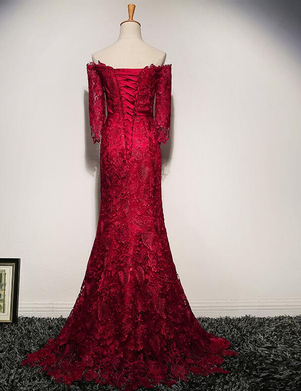 solvbao Wine Red Lace Mermaid Off Shoulder Long Evening Gown, Lace Formal Dress