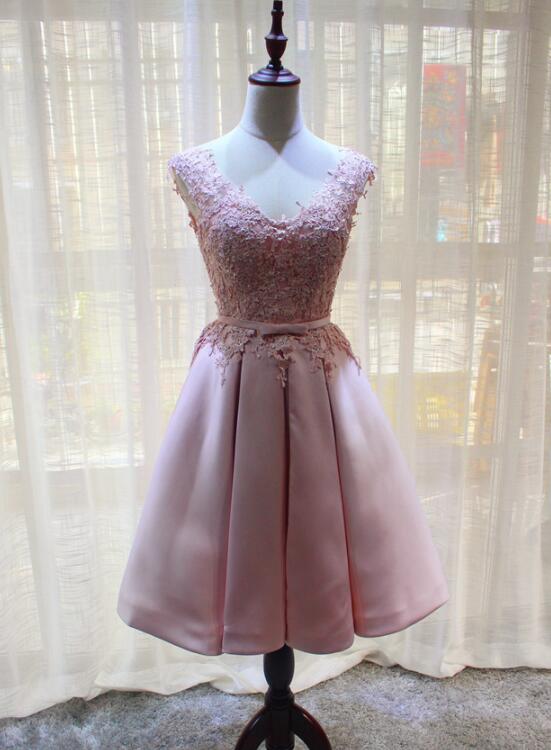 Solvbao Pink Satin and Lace Knee Length Party Dress , Homecoming Dress