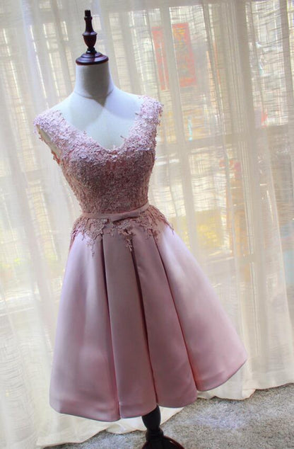 Solvbao Pink Satin and Lace Knee Length Party Dress , Homecoming Dress