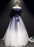 Solvbao Charming Navy blue Gradient Tulle with Lace Applique Party Gown, Short Sleeves Formal Dress