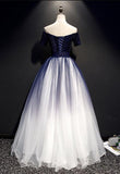 Solvbao Charming Navy blue Gradient Tulle with Lace Applique Party Gown, Short Sleeves Formal Dress