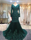 Solvbao Dark Green Long Sleeves V-neck Lace Mermaid Formal Dresses, Elegant Prom Dress