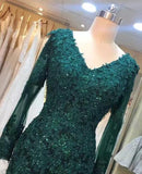 Solvbao Dark Green Long Sleeves V-neck Lace Mermaid Formal Dresses, Elegant Prom Dress