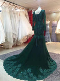 Solvbao Dark Green Long Sleeves V-neck Lace Mermaid Formal Dresses, Elegant Prom Dress