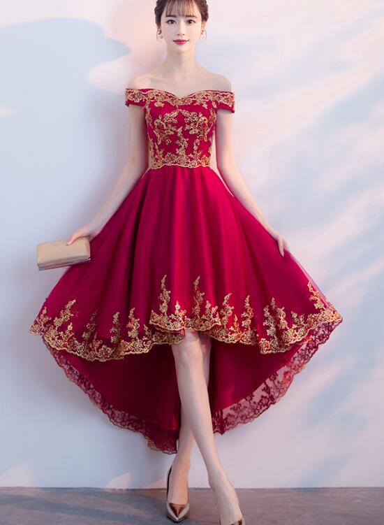 Solvbao Dark Red Homecoming Dress , High Low Off Shoulder Party Dress