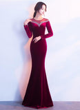 Solvbao Elegant Long Sleeves Velvet Mermaid Long Party Dress, Charming Prom Dress