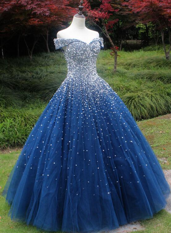 Solvbao Beautiful Sweetheart Tulle Blue Beaded Formal Dress, Blue Sweet 16 Gown