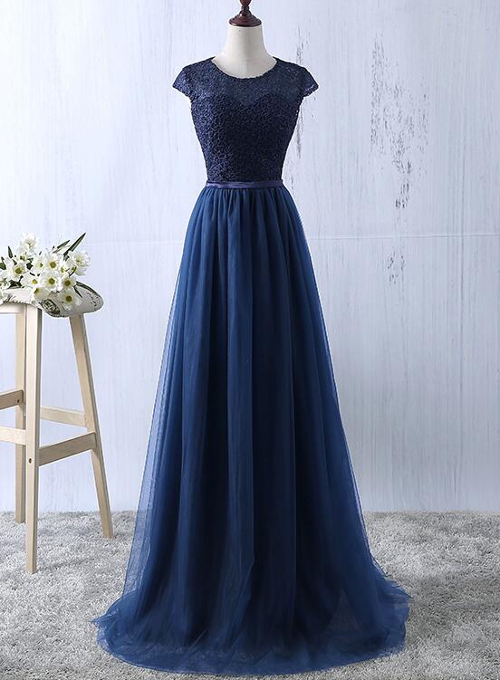 solvbao Charming Navy Blue Tulle and Lace Long Bridesmaid Dress, Long Party Dress