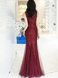 solvbao Wine Red Sequins with Tulle Mermaid Party Gown, Burgundy Prom Dress