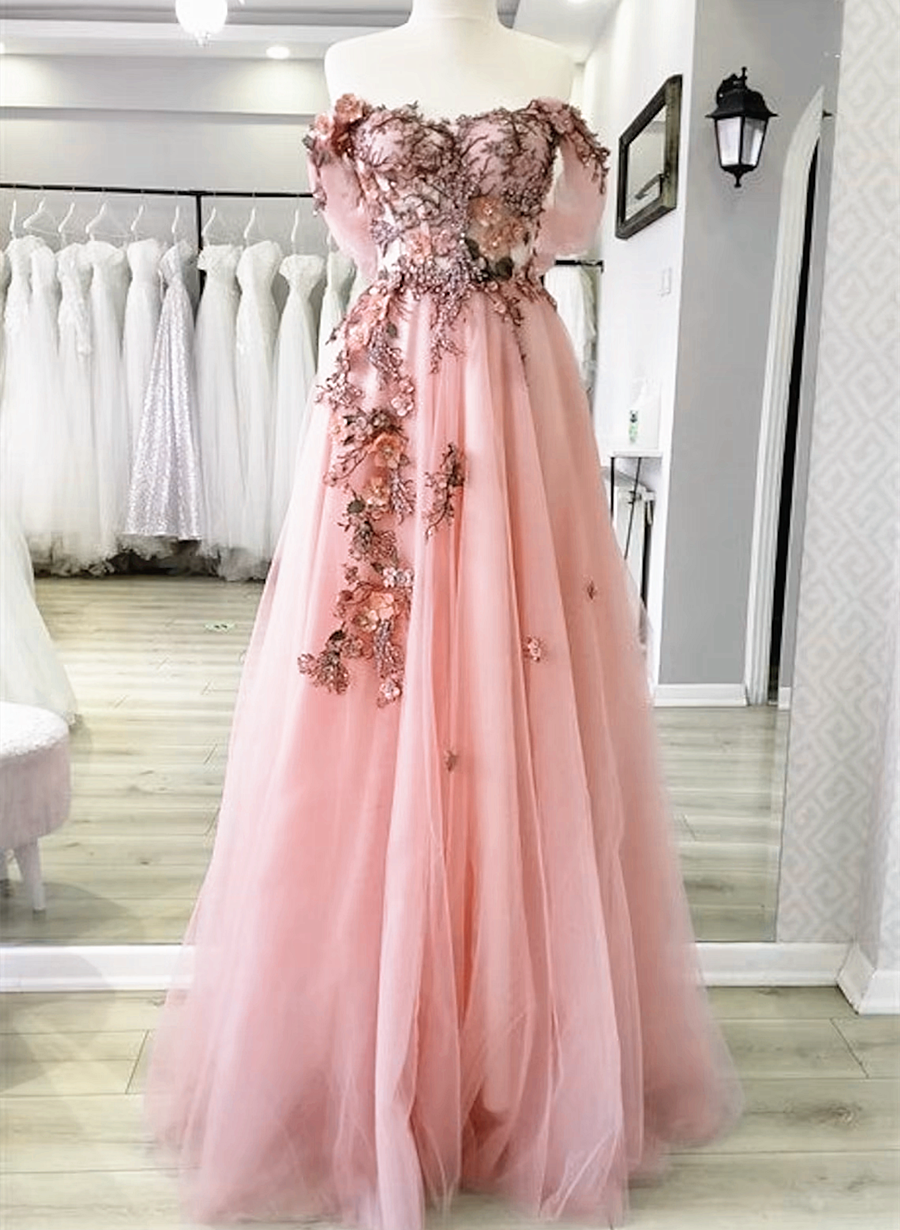 Solvbao Pink A-line Off Shoulder Long Prom Dresses, Floral Applique Evening Dress